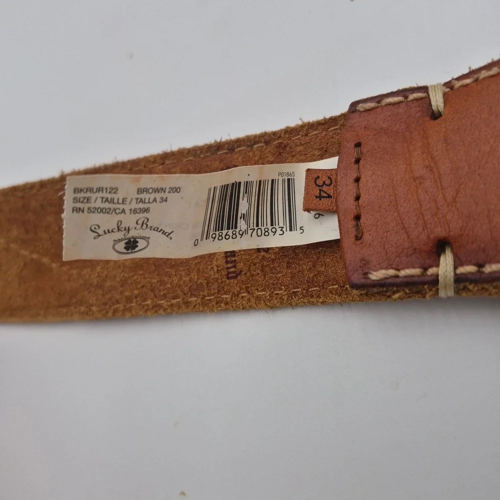 Lucky Brand Mens Brown Leather Belt Triple Stitch Brass Buckle BKRUR122 Size 34